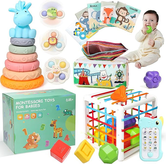 Montessori Baby Toys 6-18 months,Sensory Shapes & Storage Bin,Stacking Toys,Dinosaur Phone,Suction Cup Spinner Toy,Cloth Book,Infant Bath Time Fun,6 in 1 Toddlers Toy Gifts for 1-3 Year Old Boys Girls