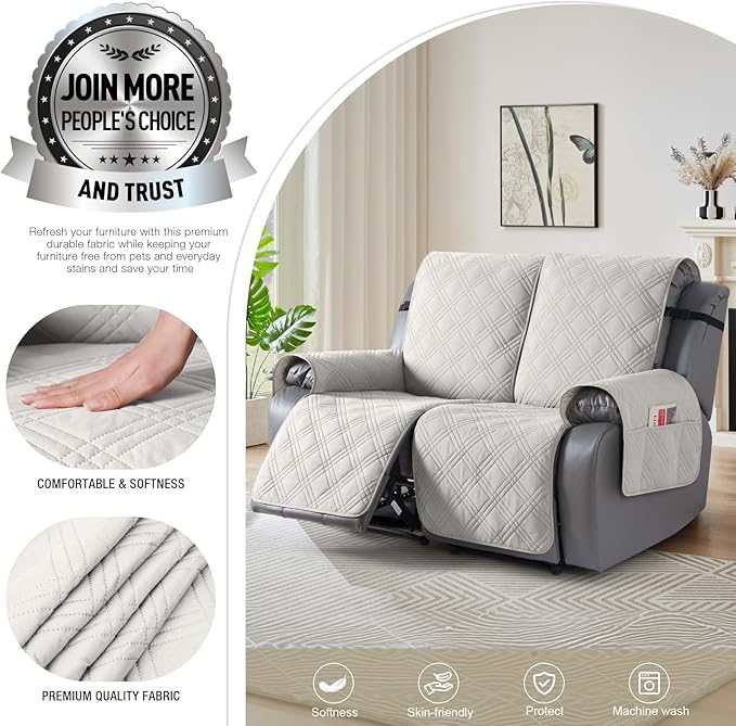 TAOCOCO 100% Waterproof Loveseat Recliner Cover with Straps, Split Loveseat Cover for Reclining loveseat, Non Slip Reclining Sofa Cover Furniture Protector for Kids, Pets(2 Seater, Off White)