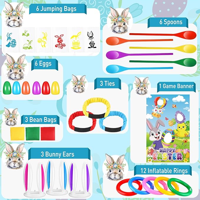 34 Pcs Easter Outdoor Party Games Includes Potato Sack Race Jumping Bags Legged Race Bands Egg and Spoon Race Inflatable Bunny Ring Toss Games Bean Bags Game Banner for Party Supplies
