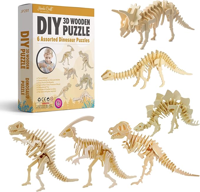 Hands Craft DIY 3D Wooden Puzzle – 6 Assorted Dinosaur Bundle Pack Set Brain Teaser Puzzles Educational STEM Toy Adults and Kids to Build Safe and Non-Toxic Easy Punch Out Premium Wood JP2B1