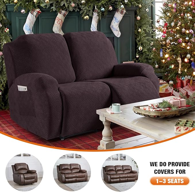 VANSOFY Recliner Cover, 2-Pieces Stretch Reclining Couch Cover with Pockets Loveseat Sofa Slipcovers Soft Washable Furniture Protector for Dogs(Chocolate)