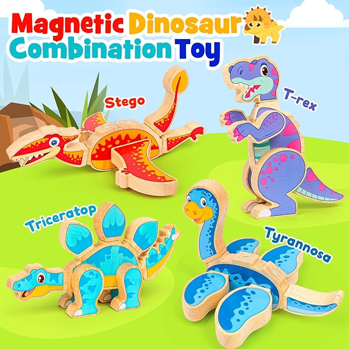 Dinosaur Toys for Kids 3-5,Wooden Magnetic Dino Take Apart Building Blocks Toys for Fine Motor Skills & Creative Play,Easter Basket Stuffers for Toddler Boys Girls