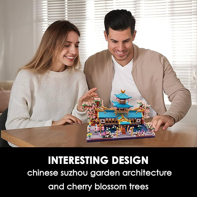 Alizdd Micro Building Blocks Set，Chinese Suzhou Garden Architecture and Cherry Blossom Bonsai Tree Building Toys for Adults，Japanese Sakura House Model，Creative Mini Bricks Gift for Kids 14+，2350 pcs