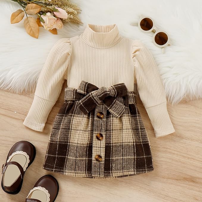 Fernvia Toddler Baby Girl Fall Winter Skirt Set Turtleneck Ribbed Long Sleeve T-Shirt Top & Plaid Skirts Dress 2Pcs Outfits