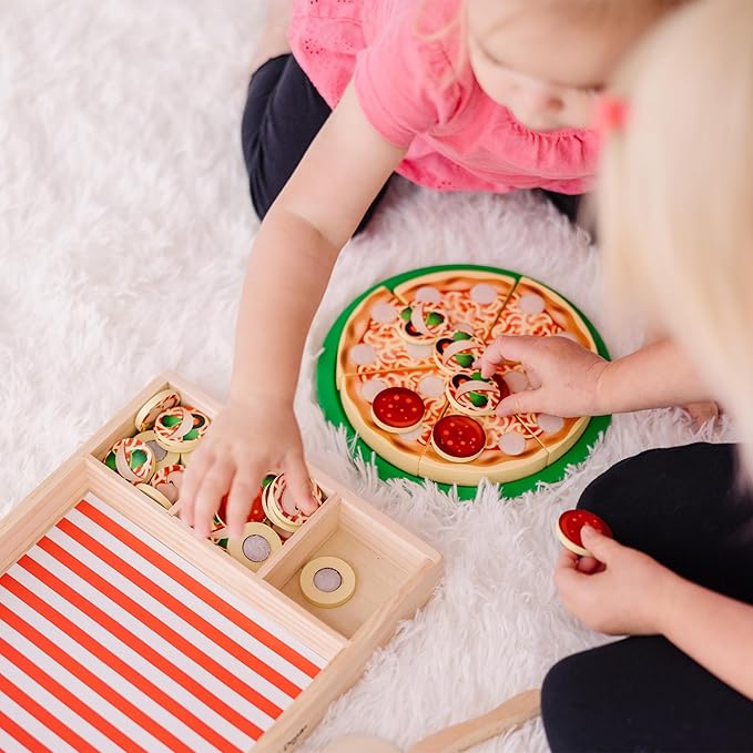 Melissa & Doug Pizza Party Wooden Pretend Play Food Set With 36 Toppings, Preschool Toy Pretend Food, Play Wooden Pizza And Cutter, Toy For Kids Ages 3+