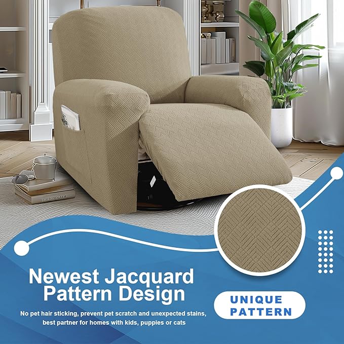 JIVINER 3 Piece Recliner Chair Cover Stretch Lazy Boy Non Slip Covers for Recliner with Pockets Soft Jacquard Reclining Sofa Slipcovers Furniture Protector with Elastic Bottom (1 Seater, Khaki)