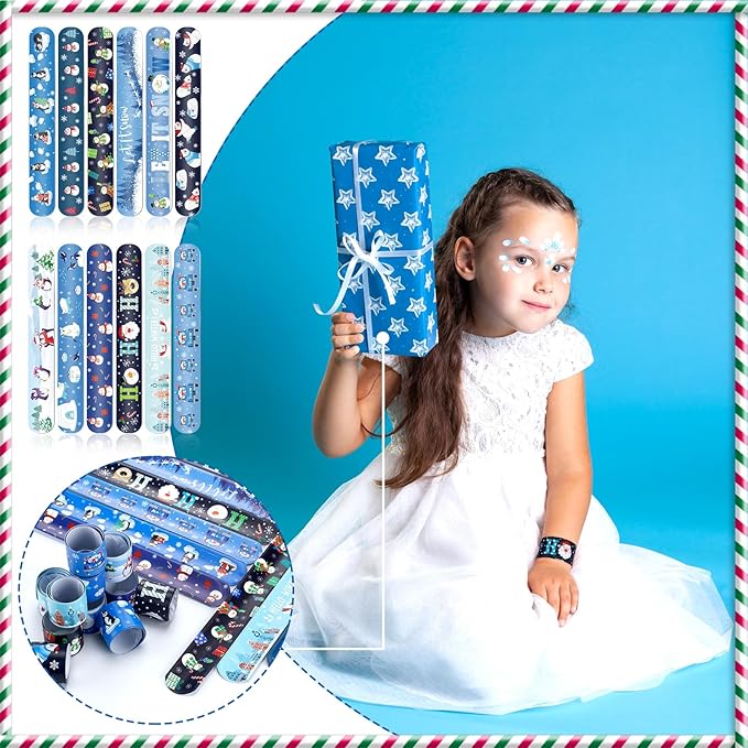 48 Pieces Snowflake Slap Bracelet Winter Theme Snowman Snap Bracelet Kids Party Favors Classroom Prizes Kids Bracelet Slap Bracelets Wristbands for Kids Children Winter Party, 12 Styles (Snowman)