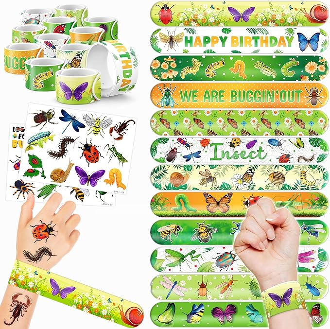 48 Bug 24PCS Bug Temporary Tattoos Sticker 24PCS Slap Bracelets Perfect for Themed Birthday Party Favors Baby Showers or Classroom Rewards Ideal Decor and Gifts for Girls and Boys