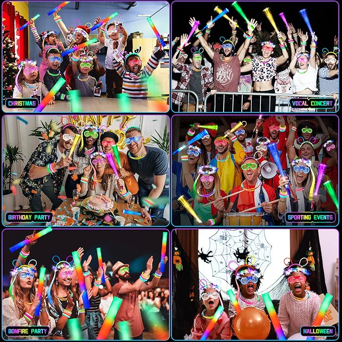 263 PCs Glow Party Supplies, 16 Foam Glow Sticks, 15 LED Glasses and 200 Glow Sticks ＆ Bracelets, 10 light up headband feather，12 Glow sticks headband，6 Fiber Optic Hair Light，4 Glow Fiber Optic Wands