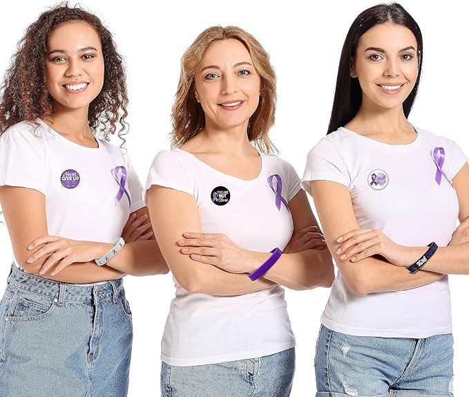 60 Pcs Purple Ribbon Awareness Accessories Stuff Include Purple Ribbon Silicone Bracelet Rubber Wristband and Lapel Buttons Pins for Animal Abuse, Alzheimer's Pancreatic Cancer Gifts Party Supplies