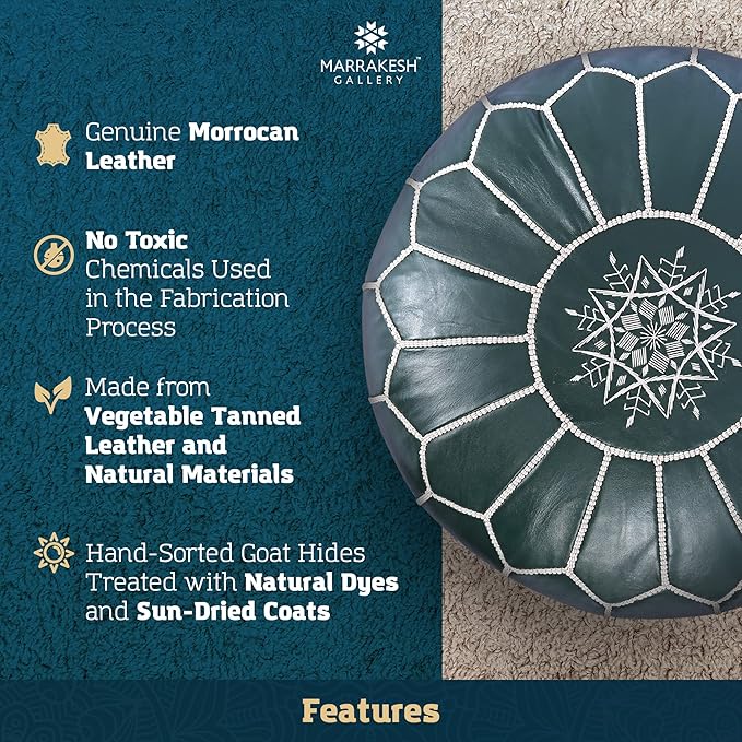 Marrakesh Gallery Genuine Leather Round Pouf Unstuffed - Moroccan Ottoman Footstool, Footrest Cover - Boho Decor - Bohemian Living Room, Bedroom, Kids Room, Gift & Wedding