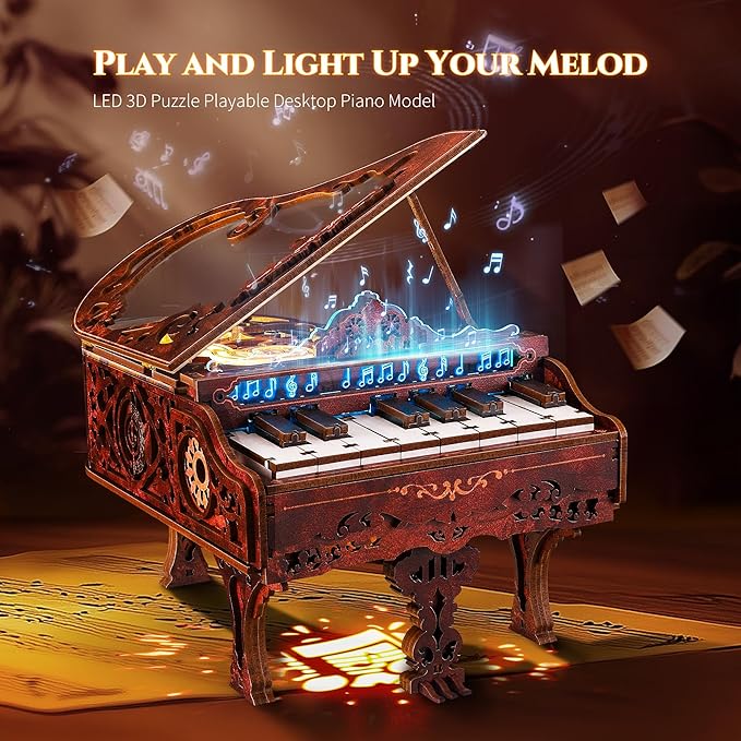 3D Wood Puzzle Piano Kit, Playable Wooden Keyboard Model with LED Lights, Interactive Craft Kit & Digital Piano Puzzle for Adults and Kids（with LED