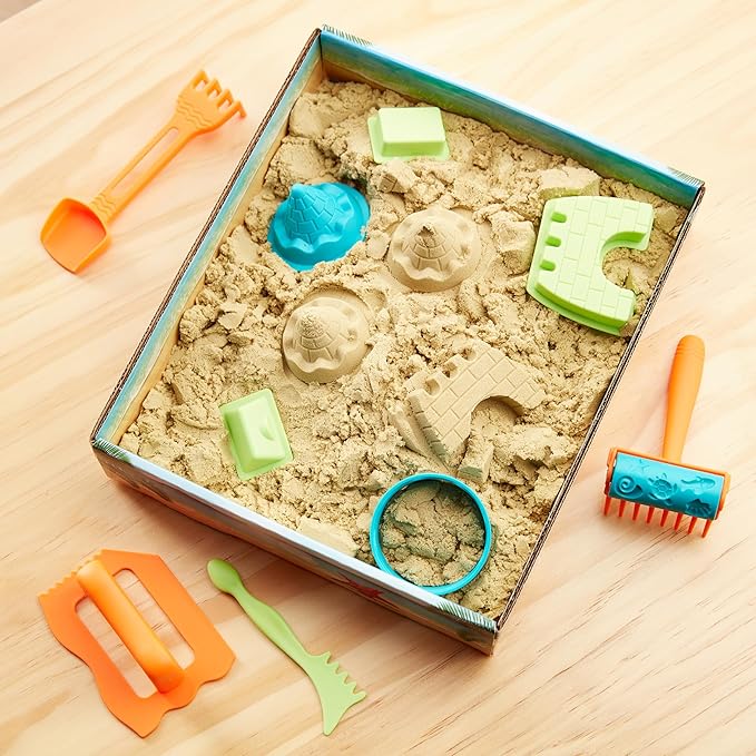 Amazon Basics 3lbs Moldable Sensory Play Sand with Castle Molds and Tool Set, for Kids Ages 3 and Up, Medium, Natural Sand, 11 Count (Pack of 1)