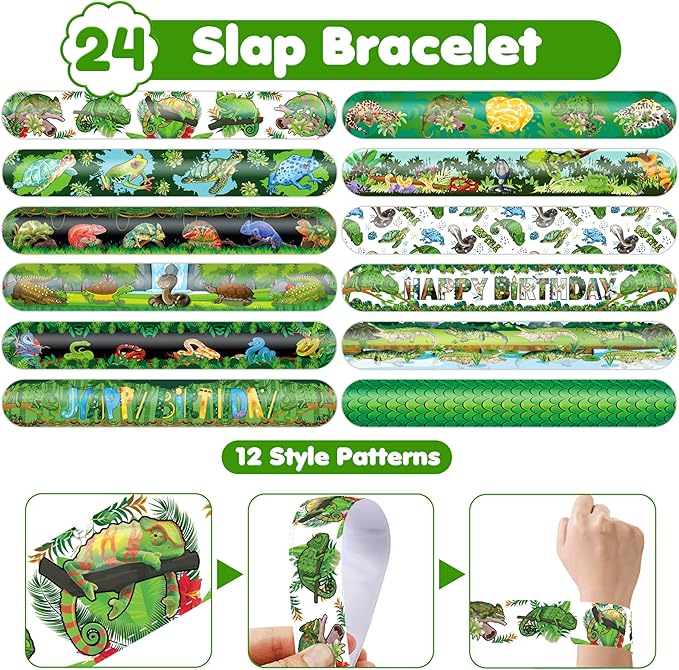 48PCS Reptile Party Favors - 24 Tattoos & 24 Slap Bracelets, Alligator, Lizard, Gecko, Snake Patterns - Perfect for Reptile-Themed Birthdays, Classroom Prizes, and Party Supplies for Boys & Girls