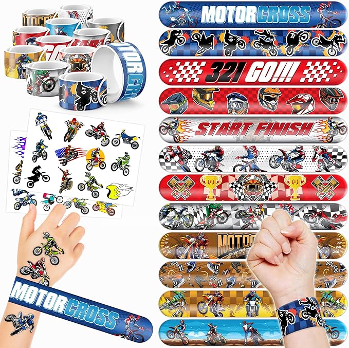 48PCS Dirt Bike Party Favors - 24PCS Tattoos & 24PCS Slap Bracelets, Motocross Bike Pattern, Ideal for Themed Birthday Parties, School Prizes, and Classroom Gift Exchange for Kids