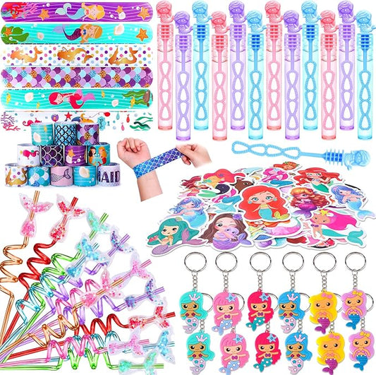 98 Mermaid Party Favors for Girls Birthday Supplies Straw Bubble Wand Slap Bracelet Keychain Sticker Toy Gift Prize Goodie Bags Stuffers Kids Decorations Mermaid Birthday Party Favors