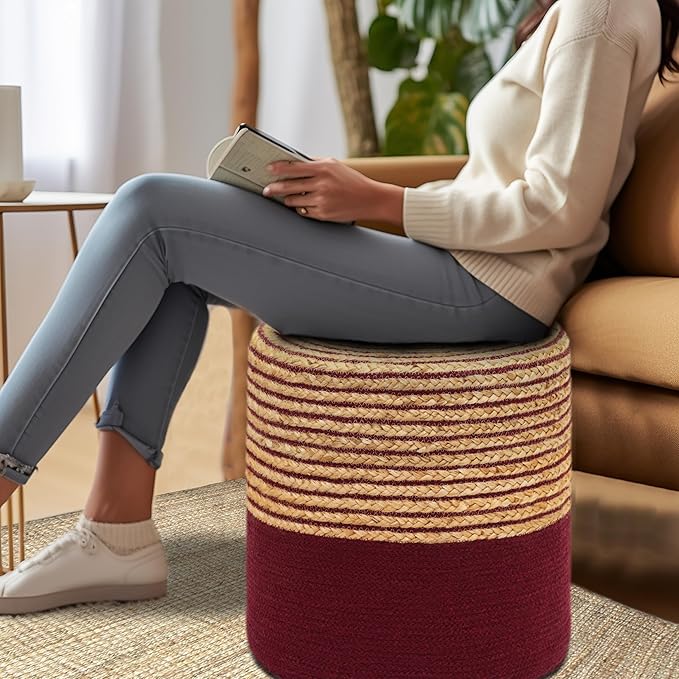 COTTON CRAFT Braided Pouf – Cylindrical Jute Cotton Ottoman Boho Foot Stool - Bedroom Dorm Family Room Accent Seating – Rustic Decorative Round Pouf – 15 Dia x 16 Height - Natural Burgundy