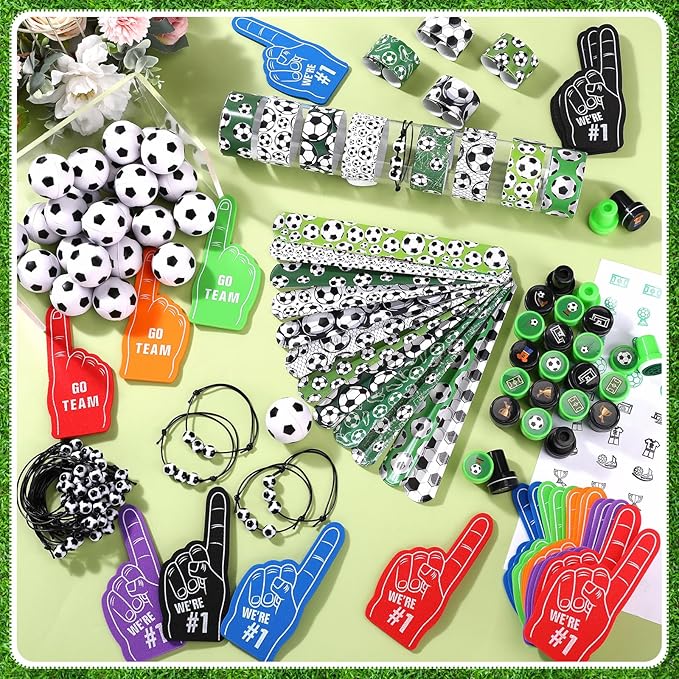 Aoriher 120 Pcs Soccer Sports Party Favors Set Serve 24, Soccer Goodie Bulk Foam Finger Mini Stress Ball Slap Bracelet Charm Bracelet Stamp for Girl Boy Kids Soccer Theme Party Supplies