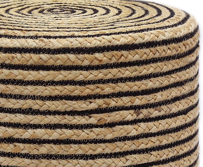 COTTON CRAFT Braided Pouf – Cylindrical Jute Cotton Ottoman - Boho Foot Stool - Bedroom Dorm Family Room Accent Seating – Rustic Decorative Round Pouf – 15 Dia x 16 Height - Natural Black Pinstripe