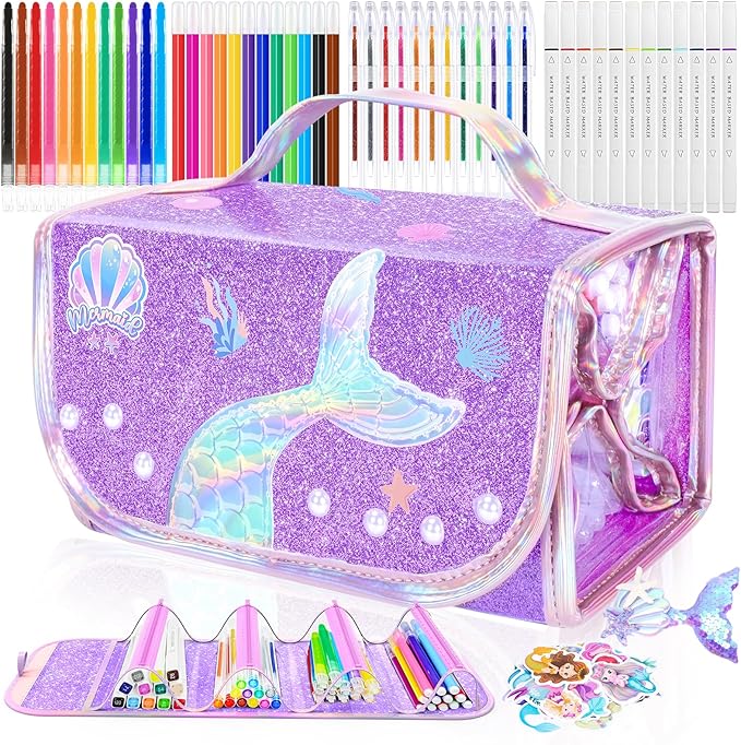 70PCS Mermaid Washable Markers Set with Glitter Pencil Case,Art Supplies for Kids Ages 4-6-8,Drawing Coloring Art Craft Kits for Girls with Marker,Glitter Pens,Crayon,Birthday Gifts Toys for Girls