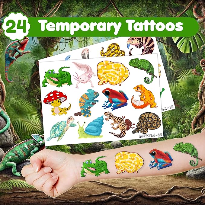 48PCS Reptile Party Favors - 24 Tattoos & 24 Slap Bracelets, Alligator, Lizard, Gecko, Snake Patterns - Perfect for Reptile-Themed Birthdays, Classroom Prizes, and Party Supplies for Boys & Girls