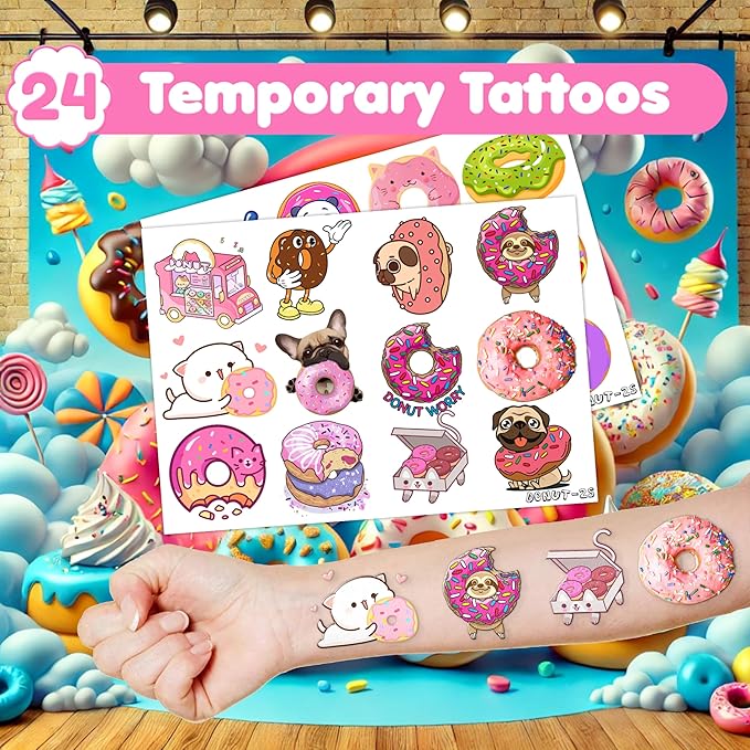 48PCS Donut Party Favors - 24PCS Tattoos & 24PCS Slap Bracelets - Birthday Supplies, Decorations, Gifts, Classroom Prizes, Carnival Rewards, Christmas Treats for Boys & Girls