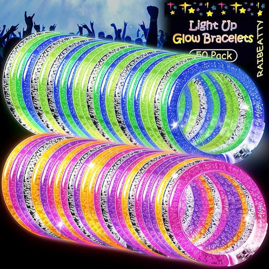 50PCS LED Bracelets,7 Color Glow In The Dark Bracelets,Flashing Light Up Bracelets,Glow Bracelets,Glow In The Dark Party Supplies,Light Up Party Favors for Birthday,Concert,Carnival,Festival