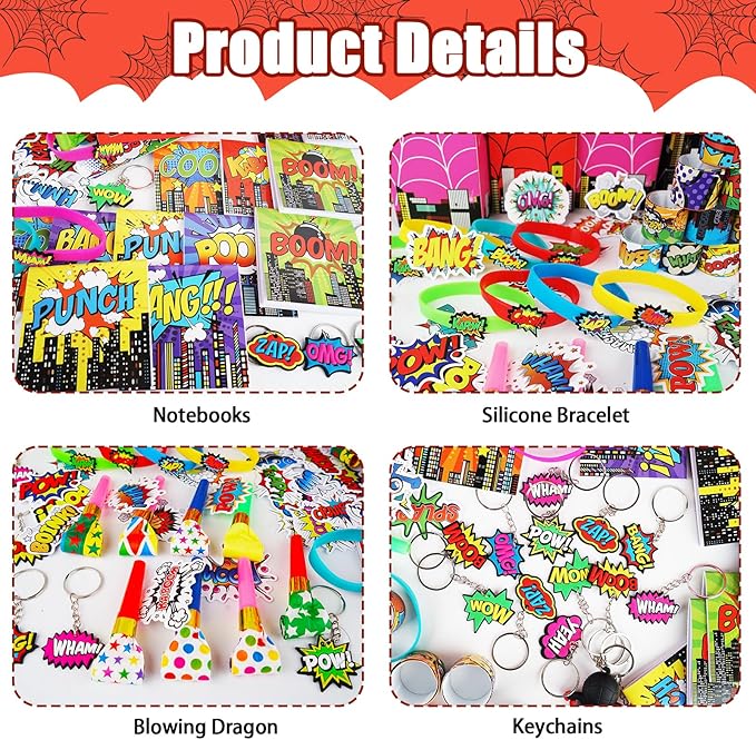 146Pcs Hero Party Favors for Kids, Goodie Box Stuffers Include Mini Notebooks Slap Bracelets Keychain Blowing Dragon Stickers Sticky hands Toy, for Carnival Classroom Prizes Birthday Party Gifts