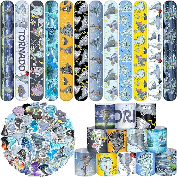 74 PCS Tornado Party Favors, 50 PCS Tornado Stickers 24 PCS Tornado Slap Bracelets Tornado Weather Birthday Party Decorations Supplies for Kids Boys Girls Classroom Rewards