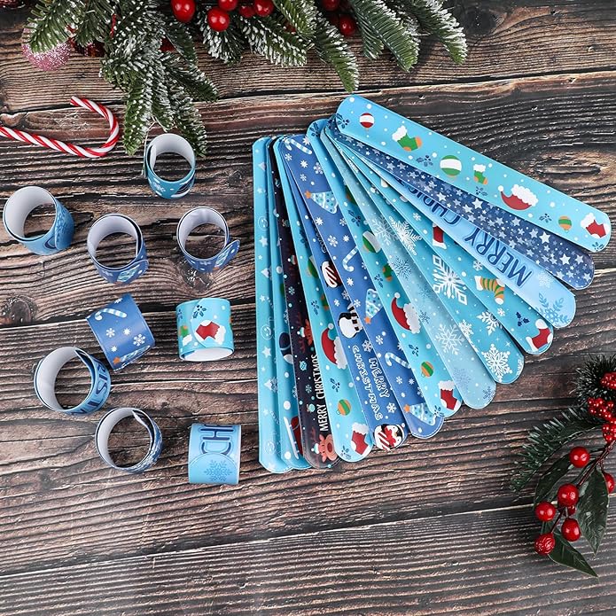 KIMOBER 48PCS Christmas Slap Bracelets,Assorted Snap Wristbands with Xmas Elements for Kids Party Favors