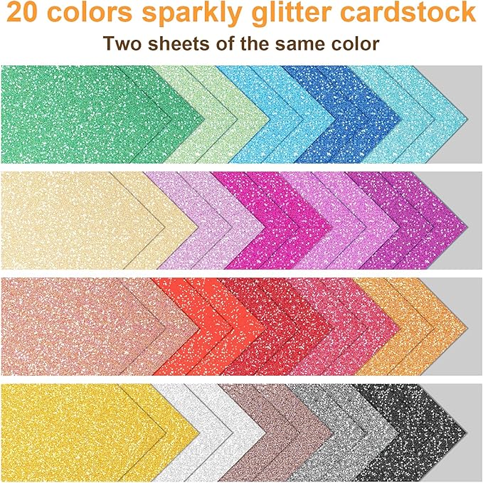 40 Sheets 20 Colors Glitter Cardstock, BetyBedy Cricut Paper Cardstock, No-Shed Sparkly Glitter, A4 Glitter Paper for Arts and Crafts - Card Making, Scrapbooking, DIY Projects