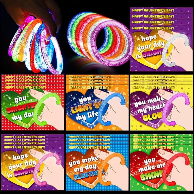 28 Pack Valentines Cards for Kids School, Glow Bracelets with Valentines Cards, Valentines Gifts for Kids Classroom, Glow in The Dark LED Bracelet Toys Party Favors, Kids Valentines Exchange Gifts