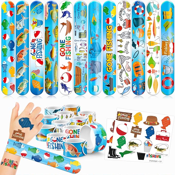 48PCS Gone Fishing Party Favors - 24PCS Tattoos & 24PCS Slap Bracelets - Fishing-Themed Birthday Supplies, Decorations, Classroom Prizes, Carnival Rewards, Gifts for Boys & Girls