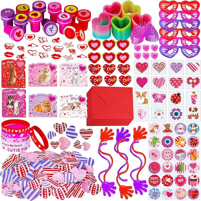 234 Pack Valentine's Day Party Favors Supplies Gift Exchage Cards Heart Glasses Bracelets Heart Stickers Stamper Sticky Hands Tattoo Bulk for Kids School Classroom Rewards Prizes Birthday Goodie Bags
