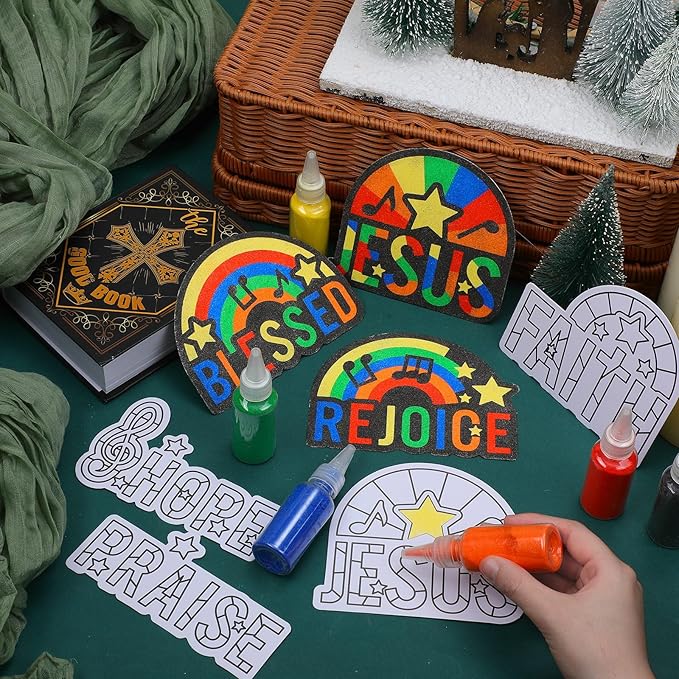 24 Sets Religious Sand Art Craft Kit for Kids Inspirational Words Painting Kit with Colored Sand Make Your Own Crafts Art DIY Art Project for Sunday School Vbs Home Fun Activities