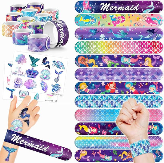 48PCS Mermaid Party Favors - 24PCS Tattoos & 24PCS Slap Bracelets - Undersea Birthday Supplies, Mermaid-Themed Decorations, Classroom Prizes, Gifts for Girls & Boys