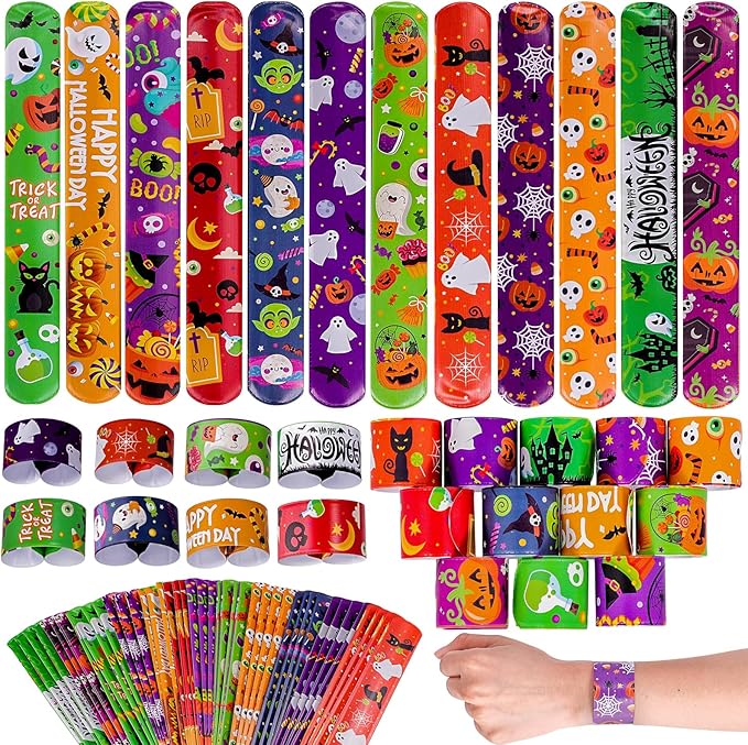 48PCS Halloween Slap Bracelets Halloween Party Toys for Kids Party Favors Toys Prizes Pinata Goodie Bag Fillers