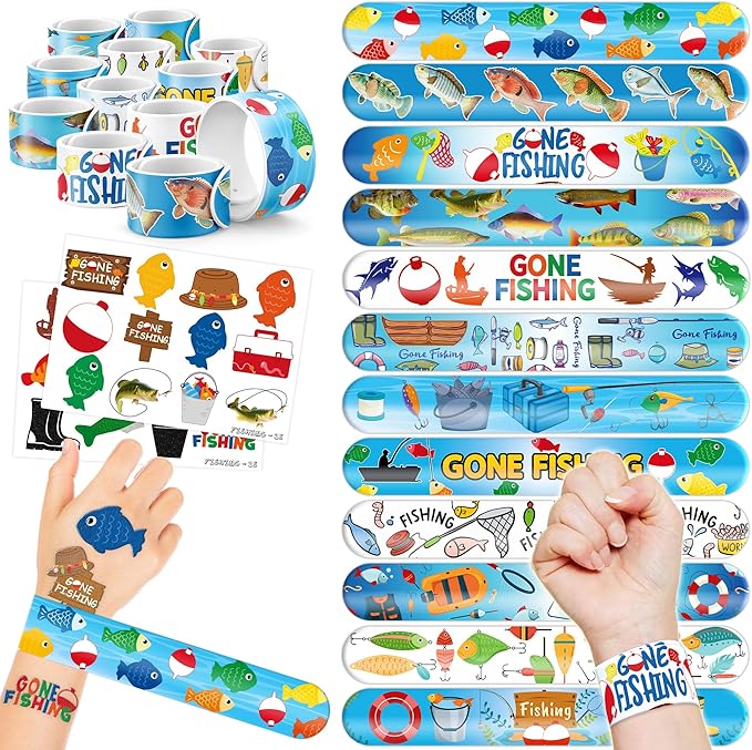 48PCS Gone Fishing Party Favors - 24PCS Tattoos & 24PCS Slap Bracelets - Fishing-Themed Birthday Supplies, Decorations, Classroom Prizes, Carnival Rewards, Gifts for Boys & Girls