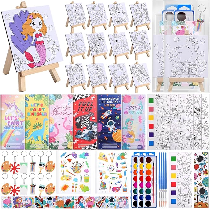 198Pcs Paint Party Favors Painting Kits for Kids Mini Predrawn Canvas Panel, Valentines Day Gifts for School Class Gift Exchanges Art Party Favors Watercolor Paint Coloring Cards for Kids