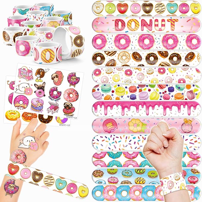48PCS Donut Party Favors - 24PCS Tattoos & 24PCS Slap Bracelets - Birthday Supplies, Decorations, Gifts, Classroom Prizes, Carnival Rewards, Christmas Treats for Boys & Girls