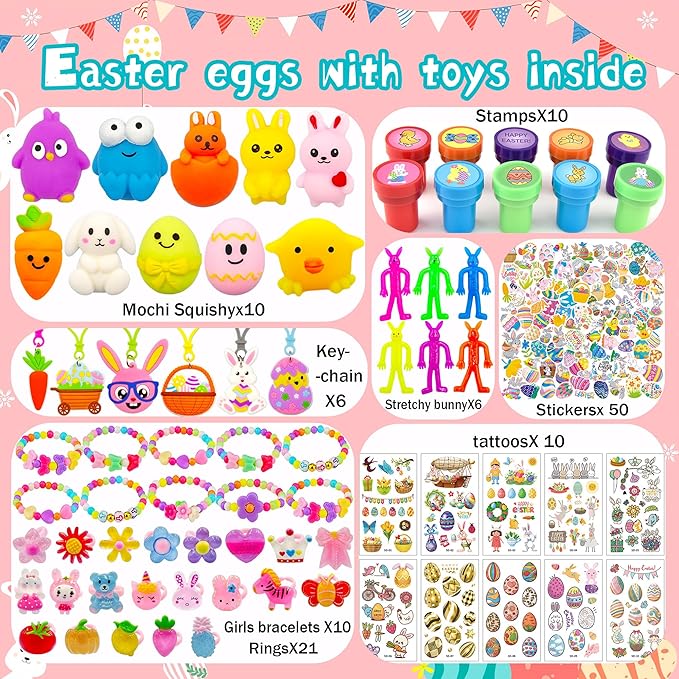 318 pcs Easter Eggs Filled Easter Egg Fillers 100 pack Easter Eggs Bulk wtih 218 Toys inside Small Toys for Easter Eggs Easter Basket Stuffers Easter Egg Hunt Party Favors for Kids Toddlers Boys Girls