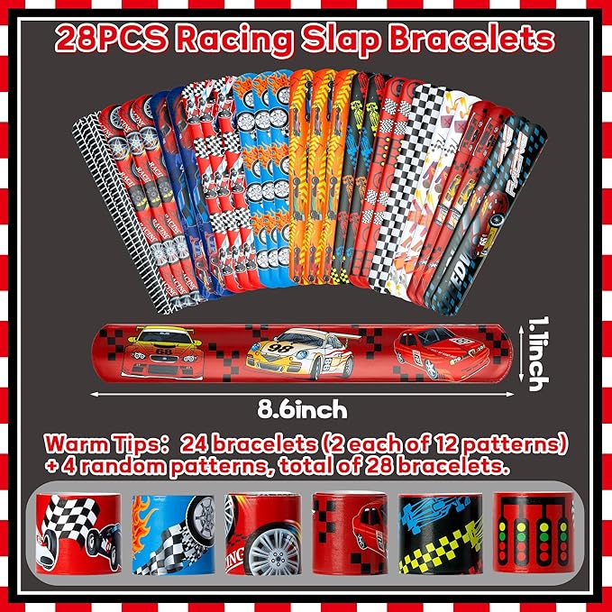 ANGOLIO 28 PCS Valentine's Day Race Cars Slap Bracelet with Gift Cards for School Greeting Gifts Exchange Valentine's Day Race Car Toys Set Classroom Prize Goodies Bag