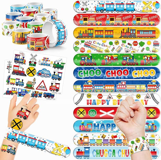 48PCS Train Party Favors - 24PCS Tattoos & 24PCS Slap Bracelets - Train-Themed Birthday Supplies, Decorations, Classroom Prizes, Carnival Rewards, Gifts for Boys & Girls