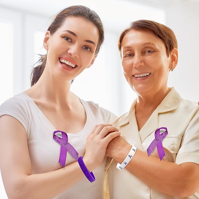 60 Pcs Purple Ribbon Awareness Accessories Stuff Include Purple Ribbon Silicone Bracelet Rubber Wristband and Button Badges Pins for Animal Abuse, Alzheimer's Pancreatic Cancer Gifts Party Supplies