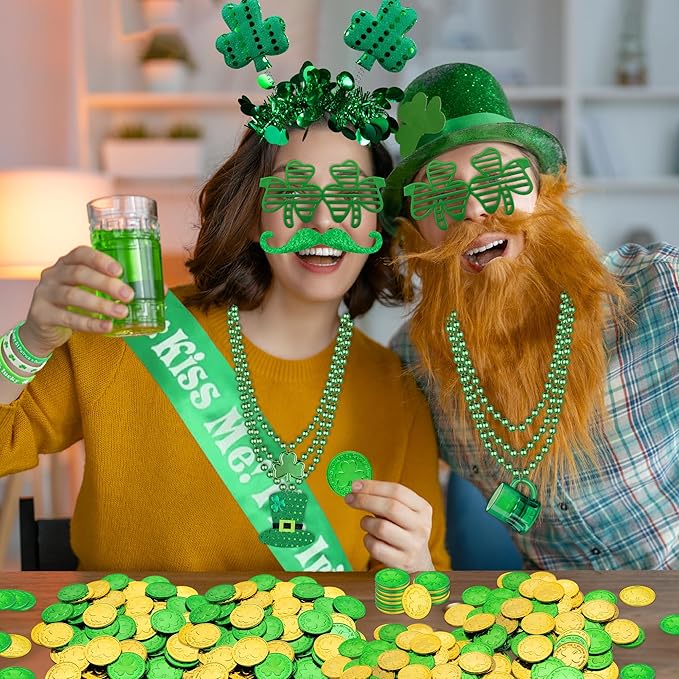 180Pcs St. Patrick's Day Accessories Party Favor Set, Tattoo Stickers, Necklaces, Bracelets, Shamrock Glasses, Headbands, Mustaches, Coins and Kiss Me I'm Irish Sash for Irish Party Supplies