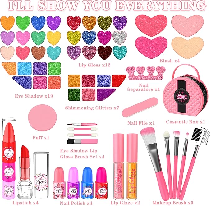 Kids Makeup Kit for Girl, 66 Pcs Washable Makeup Set for Little Girls, Real Cosmetic Set Pretend Play Makeup Toy Beauty Set Christmas & Birthday Gift Age 3 4 5 6 7 8 9+ Year Old Kids Toddler Toys