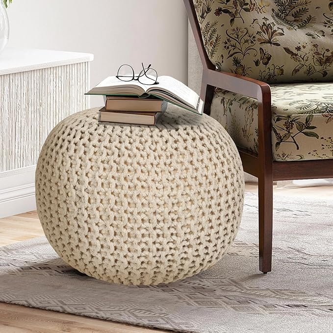 Round Pouf Ottoman Hand Knitted 100% Cotton Pouf Foot Stool - Knitted Bean Bag - Floor Chair for Bedroom - Foot Rest for Couch (20" Dia x 14" HT) (Off White)