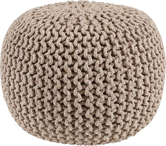 Round Tweed Dori Pouf Ottoman Hand Knitted 100% Cotton Pouf Foot Stool - Knitted Bean Bag - Floor Chair for Bedroom - Foot Rest for Couch (20" Dia x 14" HT) (Natural Beige)
