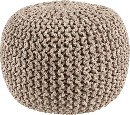 Round Tweed Dori Pouf Ottoman Hand Knitted 100% Cotton Pouf Foot Stool - Knitted Bean Bag - Floor Chair for Bedroom - Foot Rest for Couch (20" Dia x 14" HT) (Natural Beige)