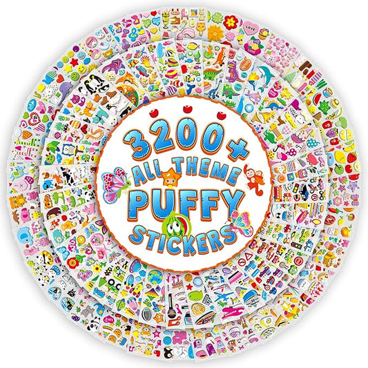 3200+ Stickers for Kids, 3D Puffy Stickers, 64 Different Sheets, Cute Animals Stickers for Boys Girls Teachers, Classroom Reward, Craft Scrapbooking, Party Gift